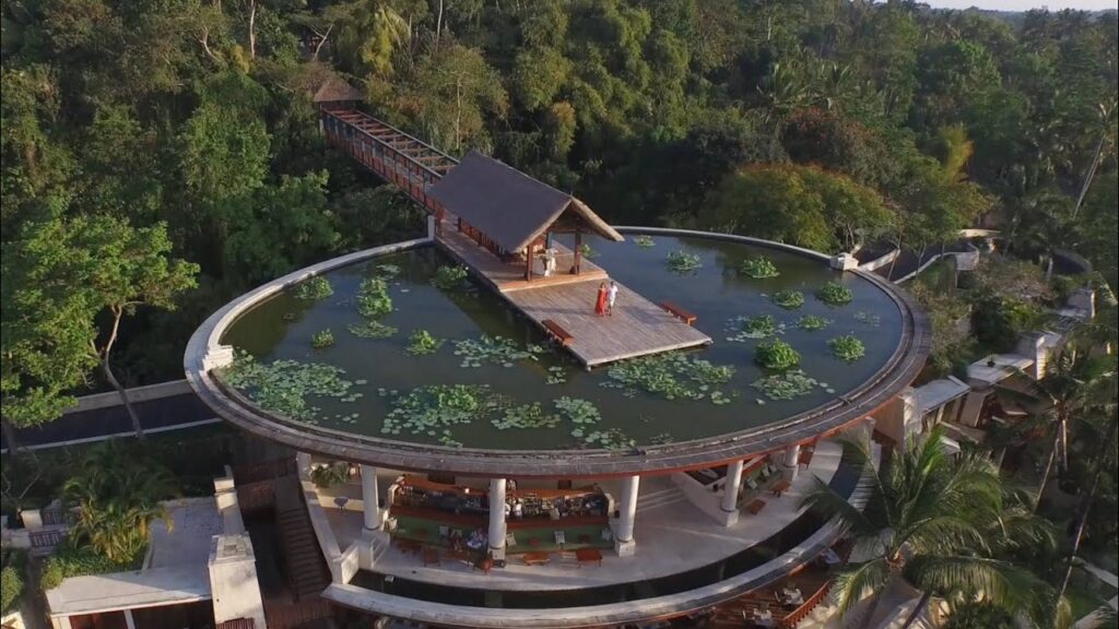 Four Seasons Resort Bali at Sayan wellness retreat in Ubud featuring riverfront villas, Sacred River Spa facilities, open-air meditation spaces, and luxury resort accommodations overlooking the Ayung River Valley.