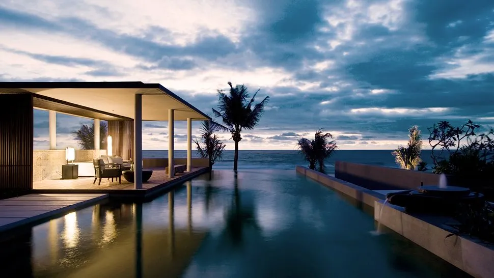 Oceanfront private pool villas and modern architecture at Soori Bali, five-star modern beachfront resort on Bali’s southwest coast.