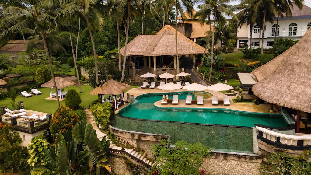 Luxury villa at Viceroy Bali with a private infinity pool overlooking Ubud’s jungle valley; five-star resort with modern Balinese design, outdoor living pavilion, and panoramic rainforest views; one of the best luxury hotels in Ubud for privacy, pools, and immersive Bali scenery.
