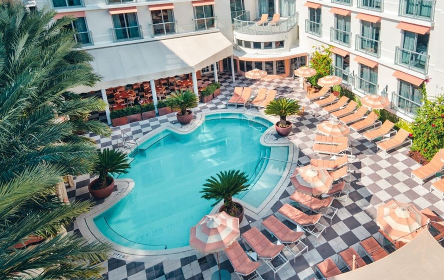 The Plymouth South Beach luxury Art Deco hotel with hardwood floors, spa-style bathrooms, private terraces, iconic oval pool, palm-lined deck, and dedicated Miami Beach access near the Bass Museum and Collins Park.